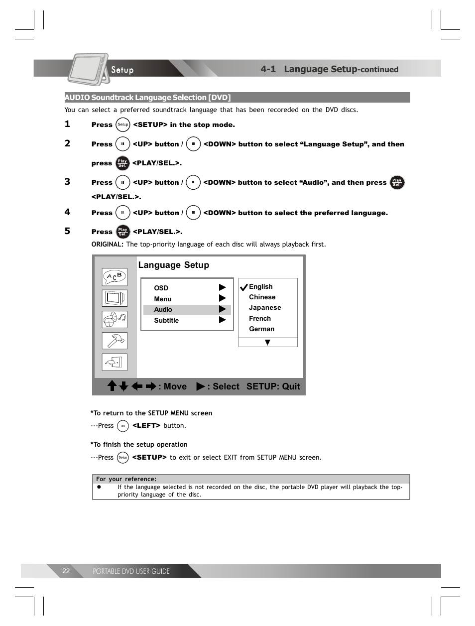 Language setup : move : select setup: quit, 1 language setup | Kodak 82-184-00170 User Manual | Page 22 / 80