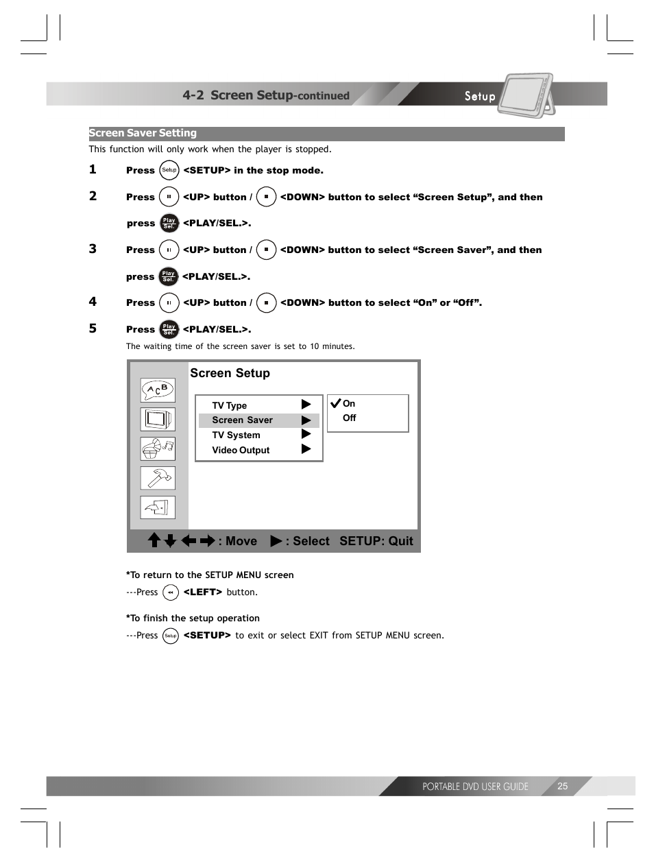2 screen setup, Screen setup : move : select setup: quit | Kodak 82-184-00170 User Manual | Page 25 / 80
