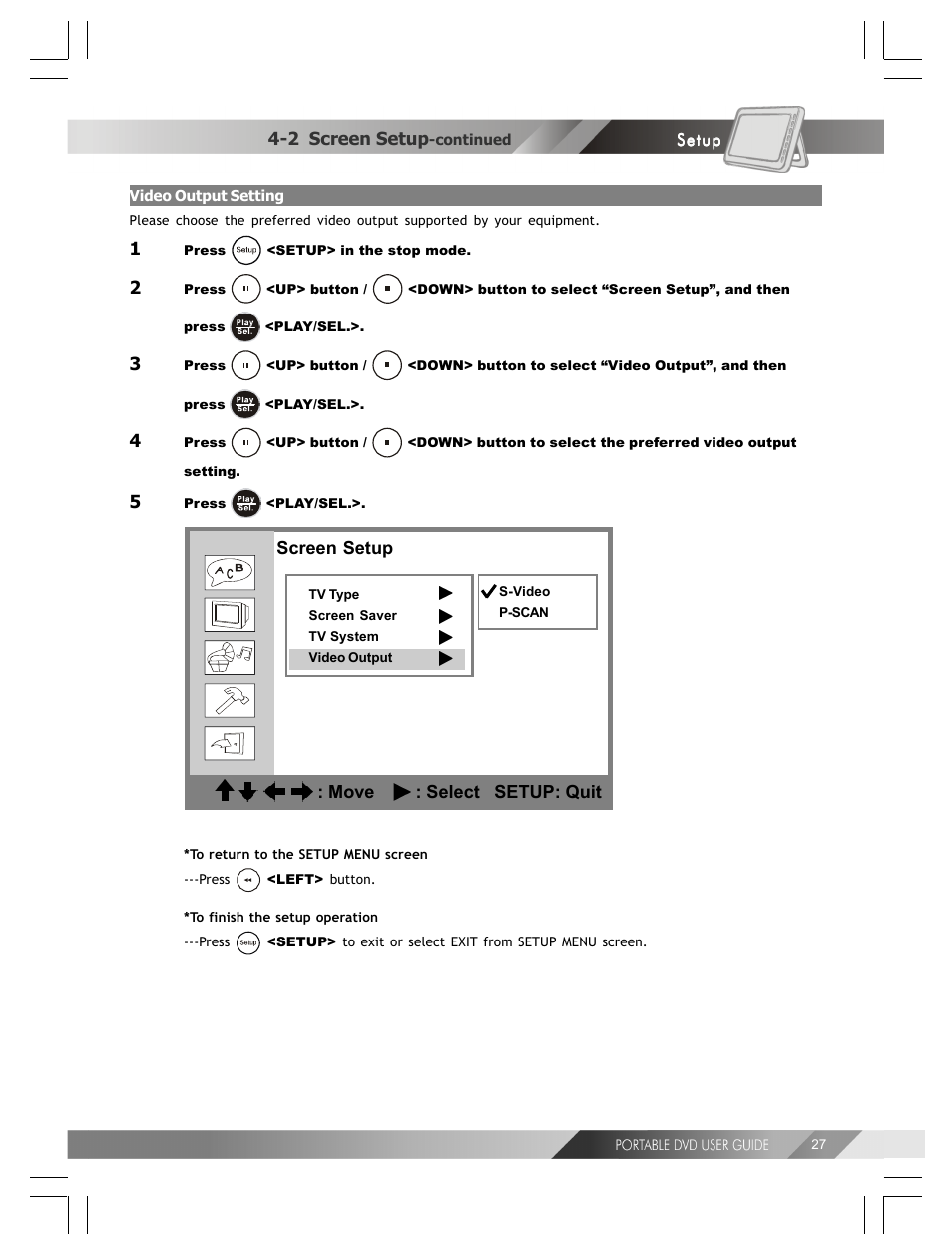 Screen setup : move : select setup: quit, 2 screen setup | Kodak 82-184-00170 User Manual | Page 27 / 80