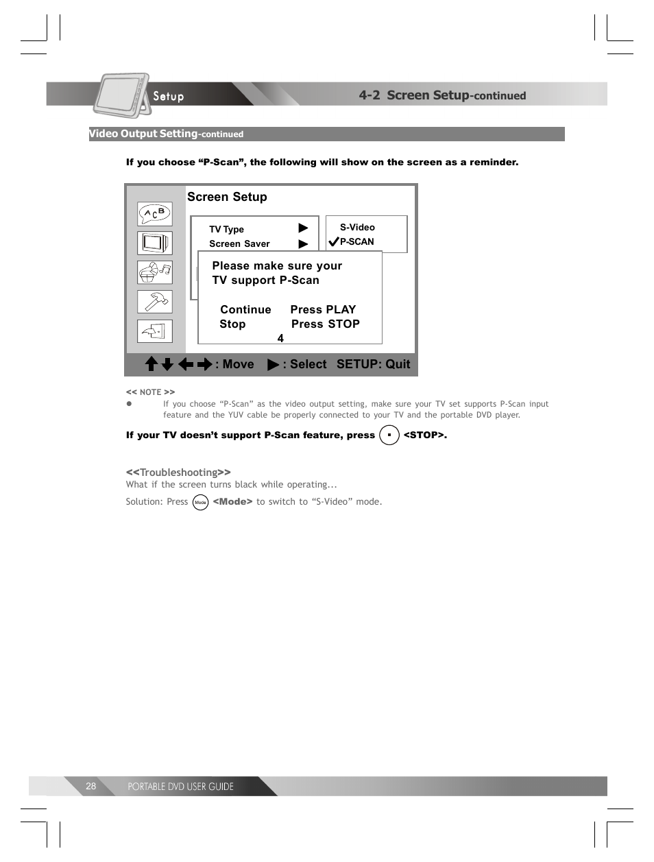2 screen setup, Screen setup : move : select setup: quit | Kodak 82-184-00170 User Manual | Page 28 / 80