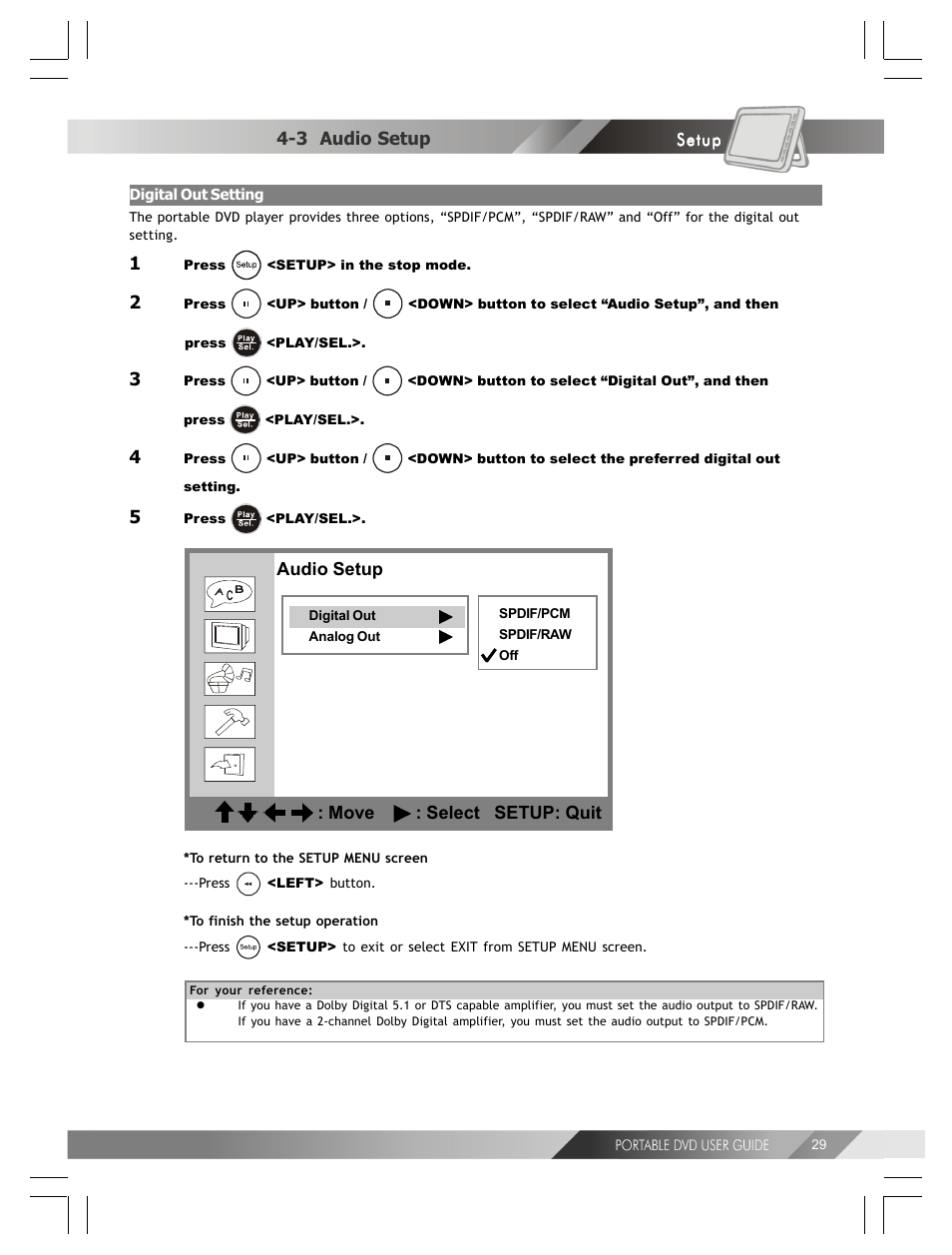 Audio setup : move : select setup: quit, 3 audio setup | Kodak 82-184-00170 User Manual | Page 29 / 80