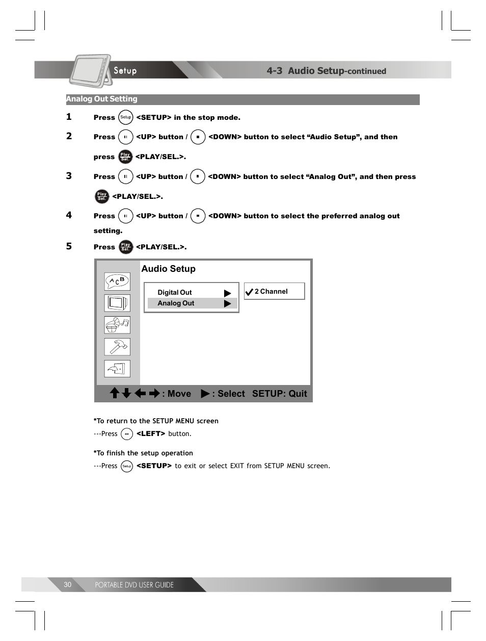 Audio setup : move : select setup: quit, 3 audio setup | Kodak 82-184-00170 User Manual | Page 30 / 80