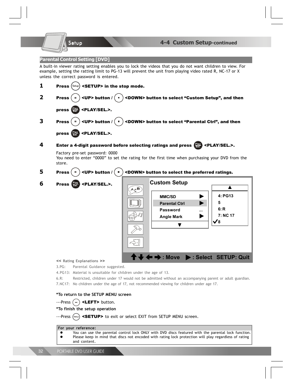 4 custom setup, Custom setup : move : select setup: quit | Kodak 82-184-00170 User Manual | Page 32 / 80