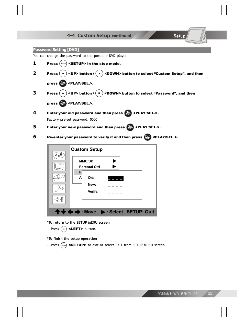 4 custom setup, Custom setup : move : select setup: quit | Kodak 82-184-00170 User Manual | Page 33 / 80