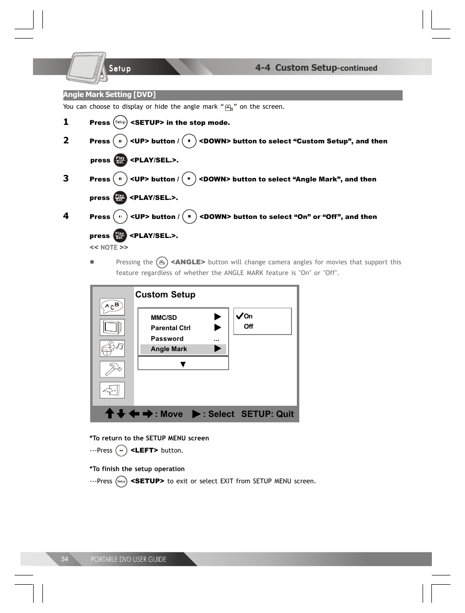 4 custom setup, Custom setup : move : select setup: quit | Kodak 82-184-00170 User Manual | Page 34 / 80