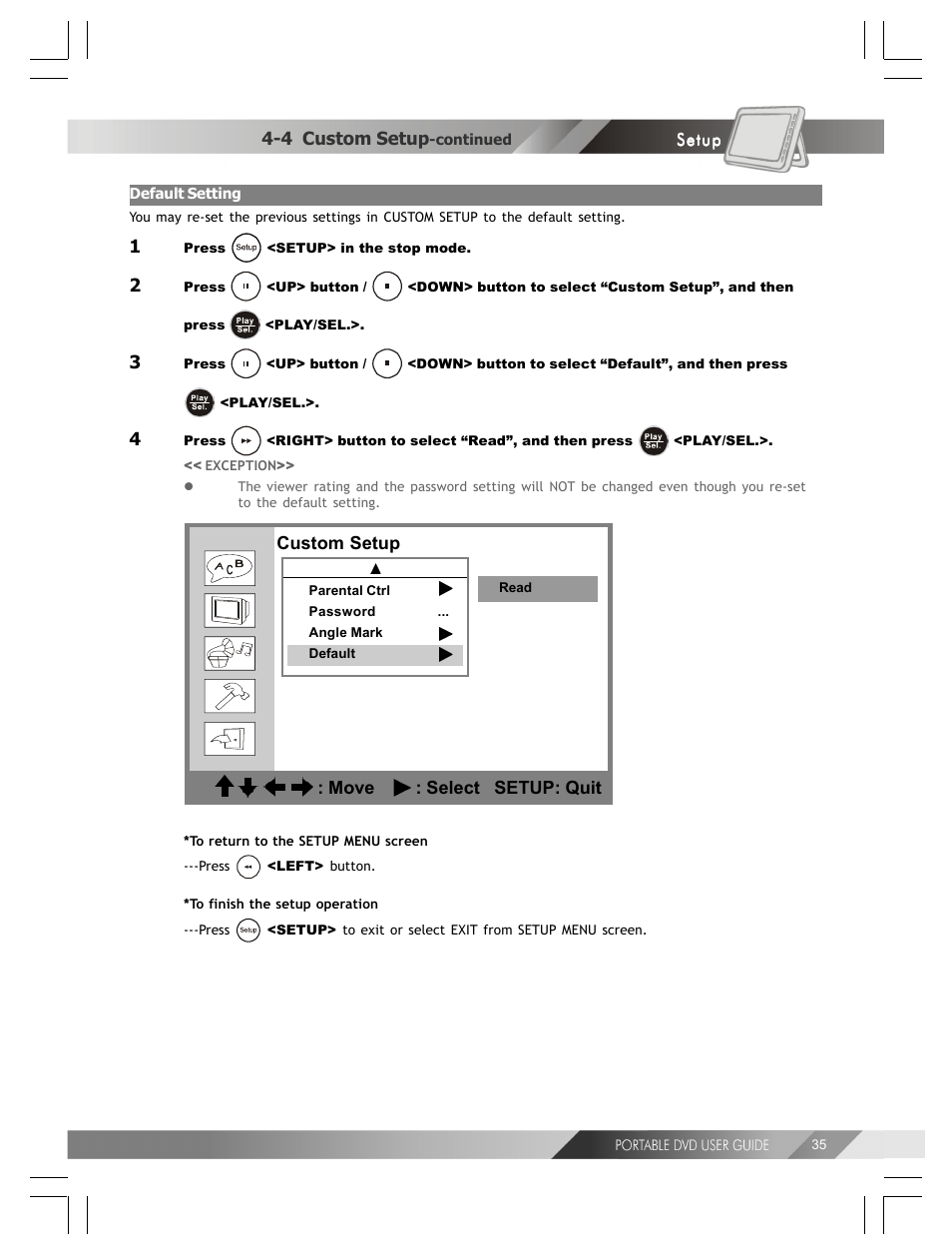 4 custom setup, Custom setup : move : select setup: quit | Kodak 82-184-00170 User Manual | Page 35 / 80
