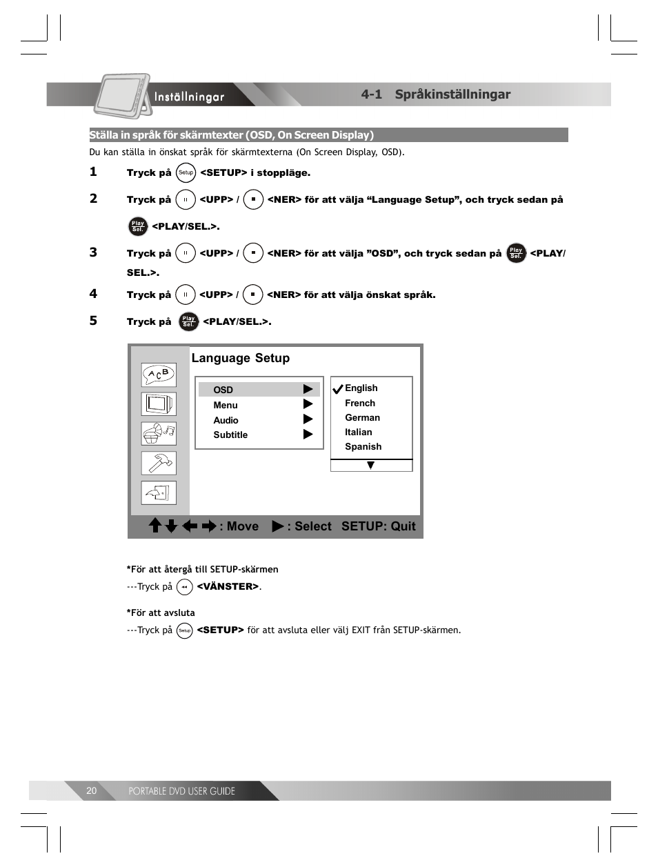 Language setup : move : select setup: quit, 1 språkinställningar | Kodak 82-184-00170 User Manual | Page 60 / 80