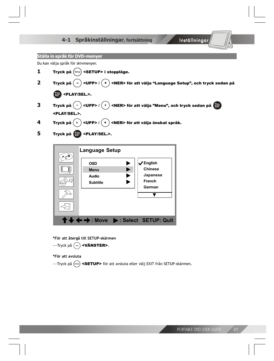 Language setup : move : select setup: quit, 1 språkinställningar | Kodak 82-184-00170 User Manual | Page 61 / 80