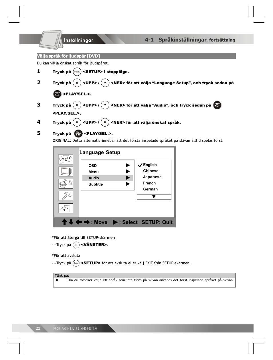 Language setup : move : select setup: quit, 1 språkinställningar | Kodak 82-184-00170 User Manual | Page 62 / 80
