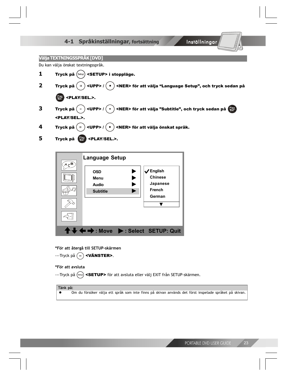 Language setup : move : select setup: quit, 1 språkinställningar | Kodak 82-184-00170 User Manual | Page 63 / 80
