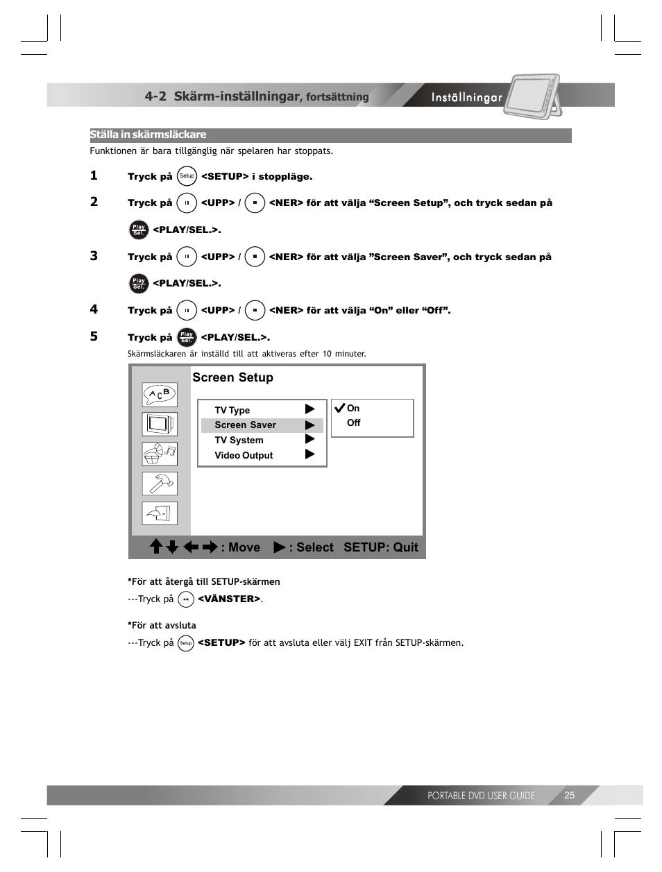 2 skärm-inställningar, Screen setup : move : select setup: quit | Kodak 82-184-00170 User Manual | Page 65 / 80