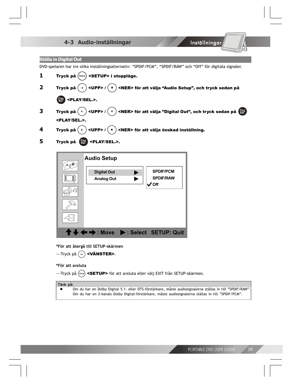 Audio setup : move : select setup: quit, 3 audio-inställningar | Kodak 82-184-00170 User Manual | Page 69 / 80