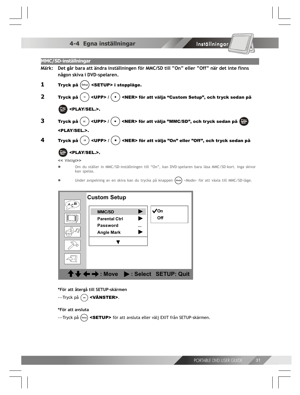 4 egna inställningar, Custom setup : move : select setup: quit | Kodak 82-184-00170 User Manual | Page 71 / 80