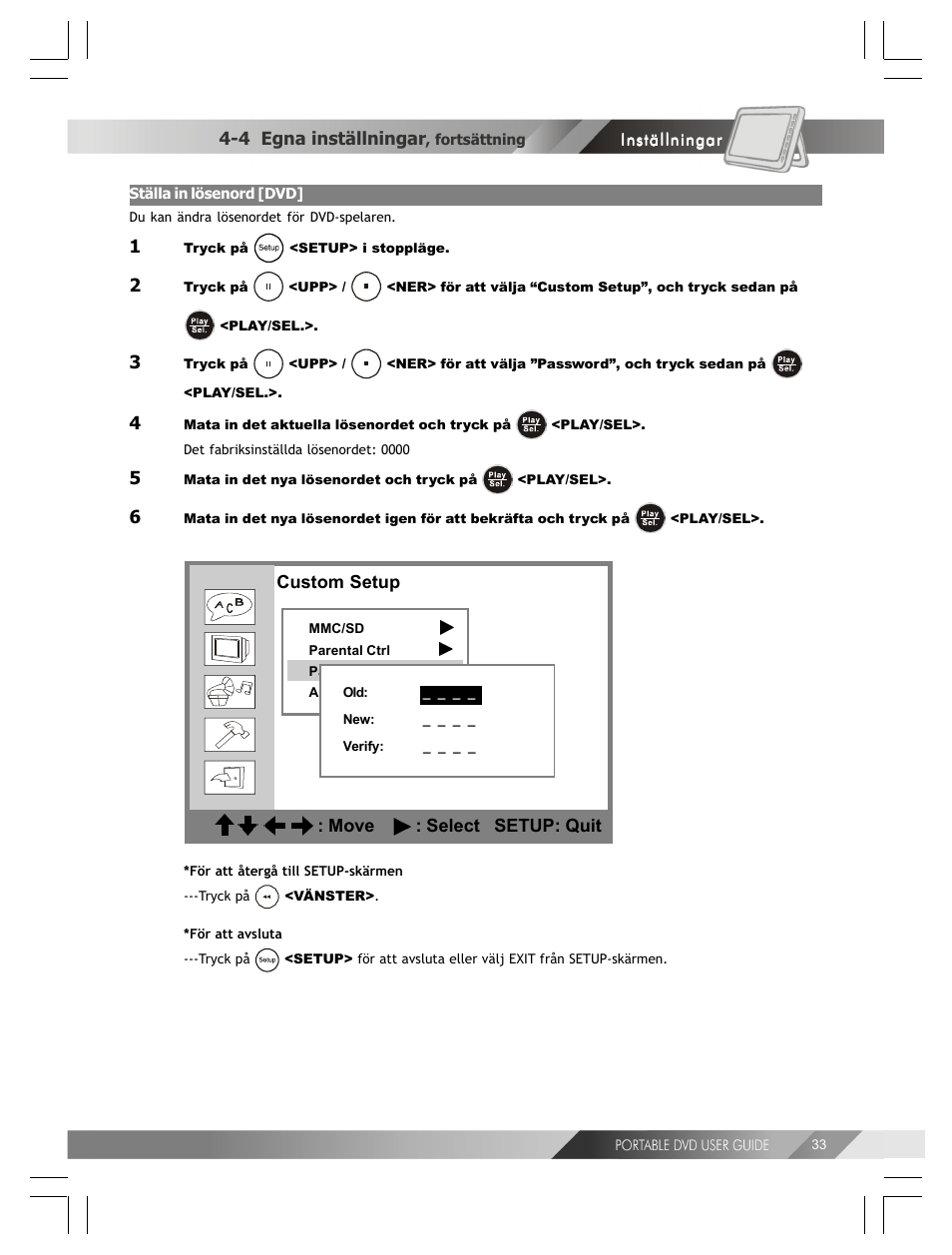 Custom setup : move : select setup: quit, 4 egna inställningar | Kodak 82-184-00170 User Manual | Page 73 / 80