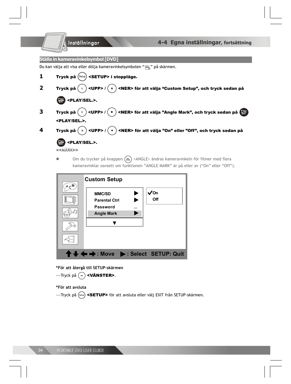 Custom setup : move : select setup: quit, 4 egna inställningar | Kodak 82-184-00170 User Manual | Page 74 / 80