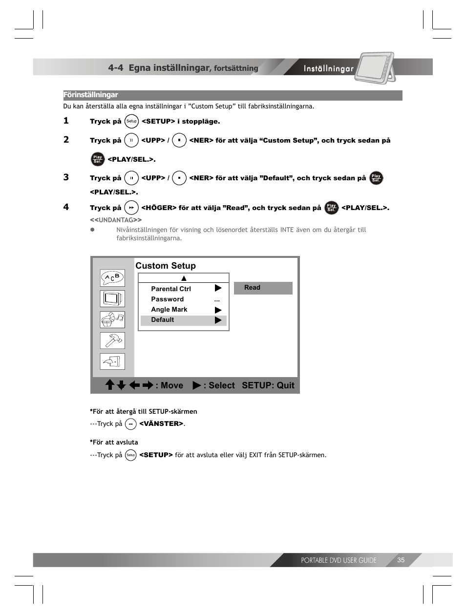 Custom setup : move : select setup: quit, 4 egna inställningar | Kodak 82-184-00170 User Manual | Page 75 / 80