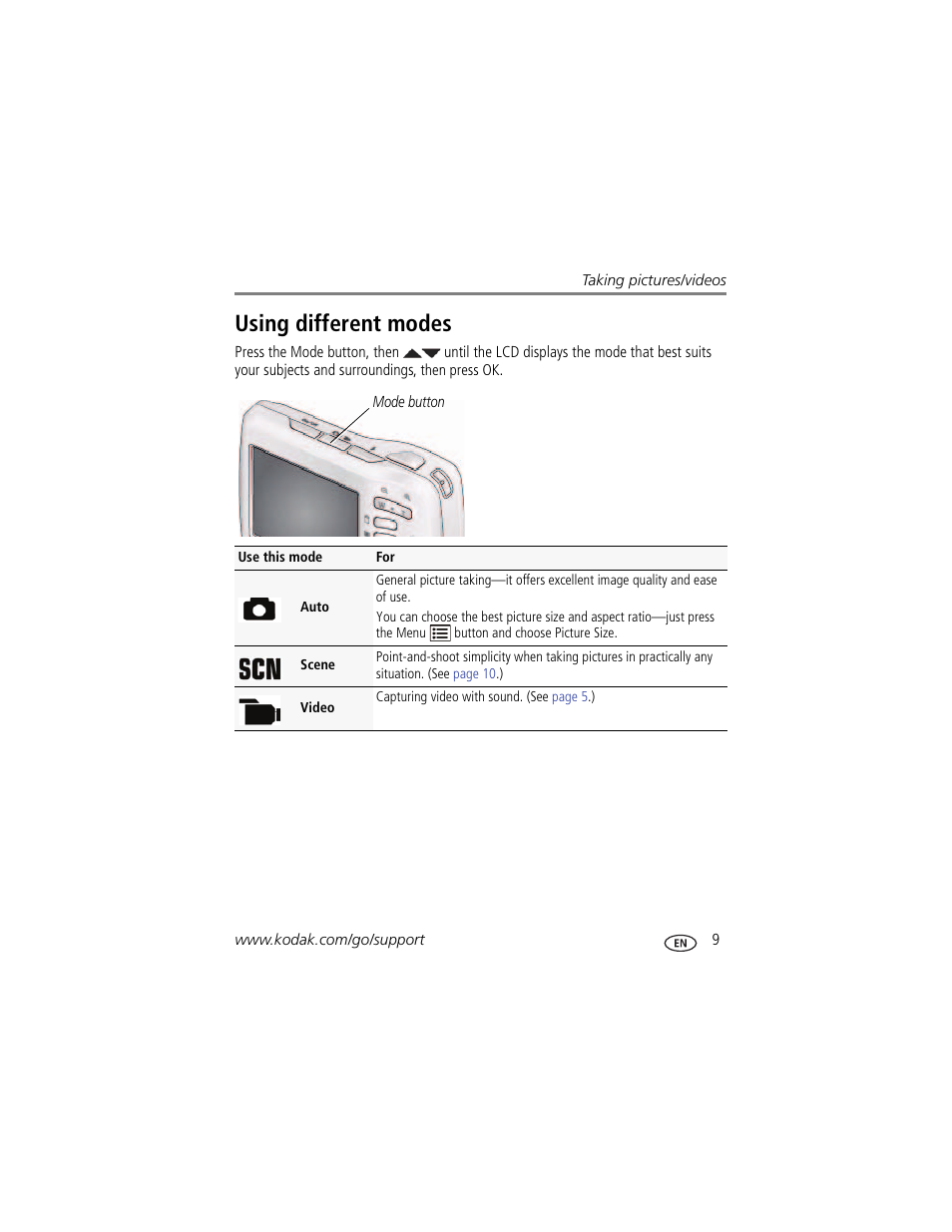 Using different modes | Kodak EASYSHARE C1505 User Manual | Page 15 / 60