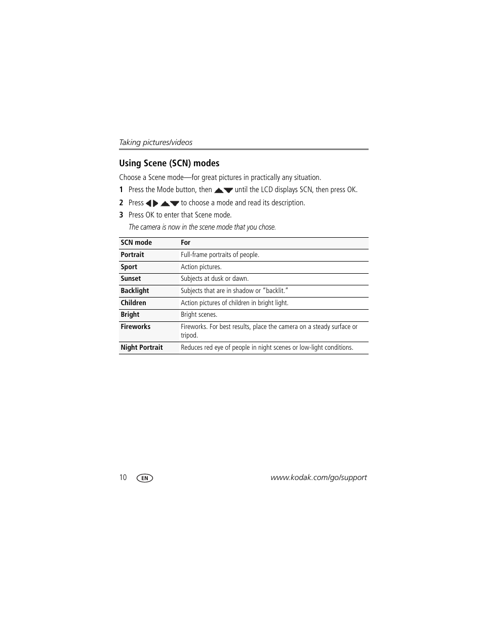 Using scene (scn) modes, Ation. (see | Kodak EASYSHARE C1505 User Manual | Page 16 / 60