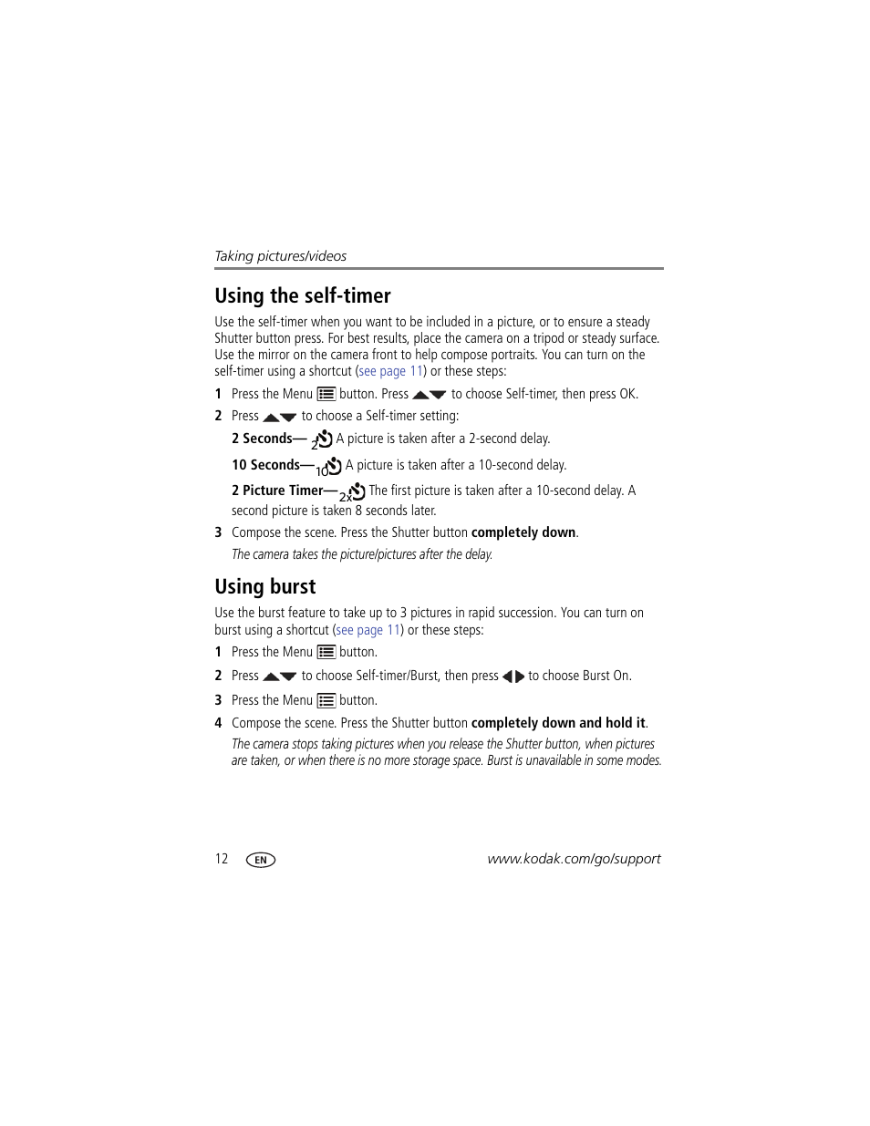 Using the self-timer, Using burst, Using the self-timer using burst | Kodak EASYSHARE C1505 User Manual | Page 18 / 60