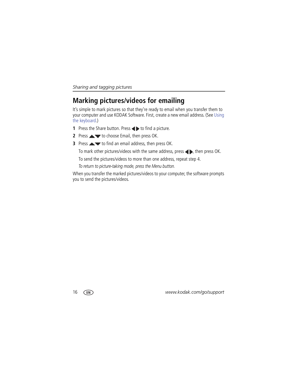 Marking pictures/videos for emailing | Kodak EASYSHARE C1505 User Manual | Page 22 / 60