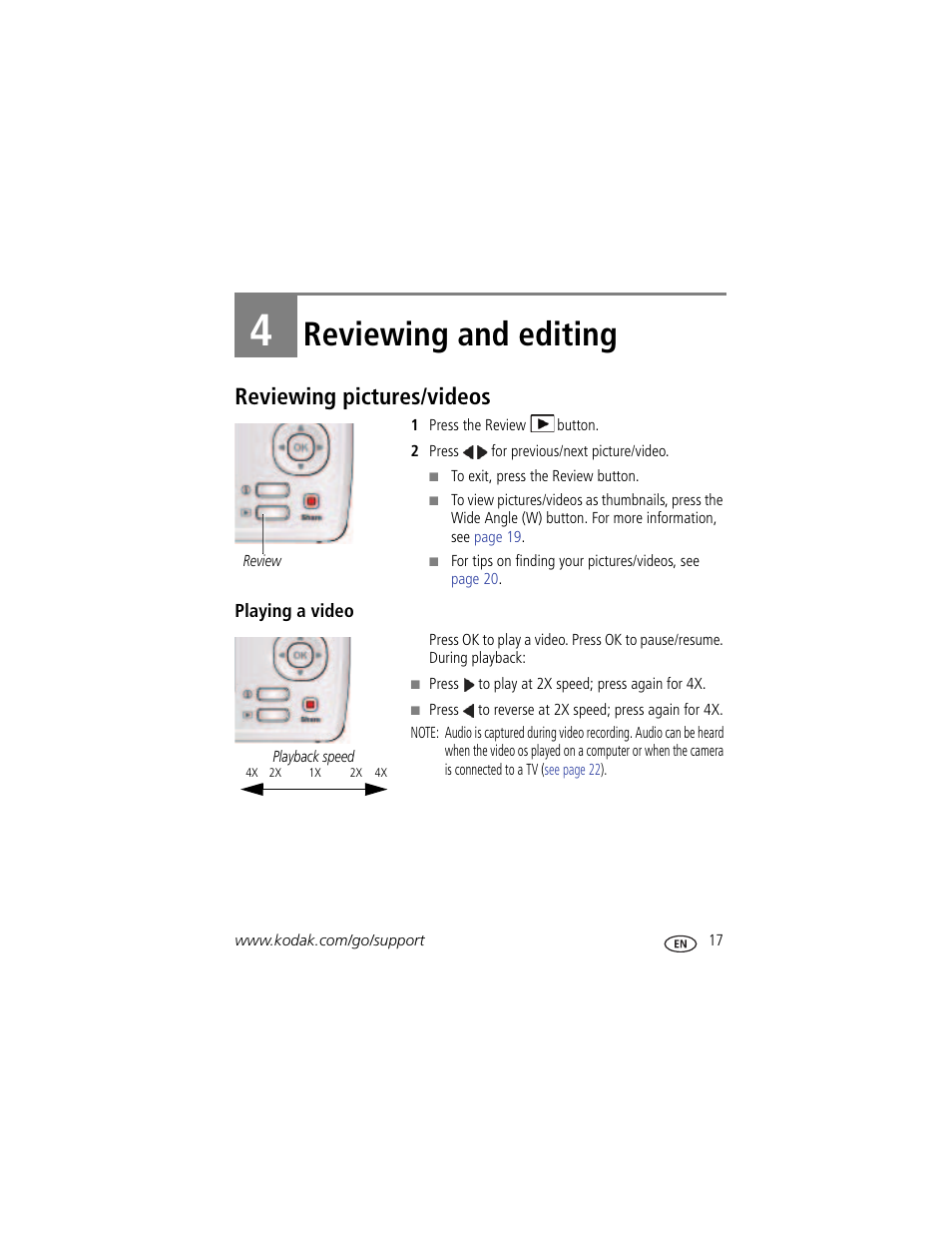 Reviewing and editing, Reviewing pictures/videos, Playing a video | 4 reviewing and editing | Kodak EASYSHARE C1505 User Manual | Page 23 / 60