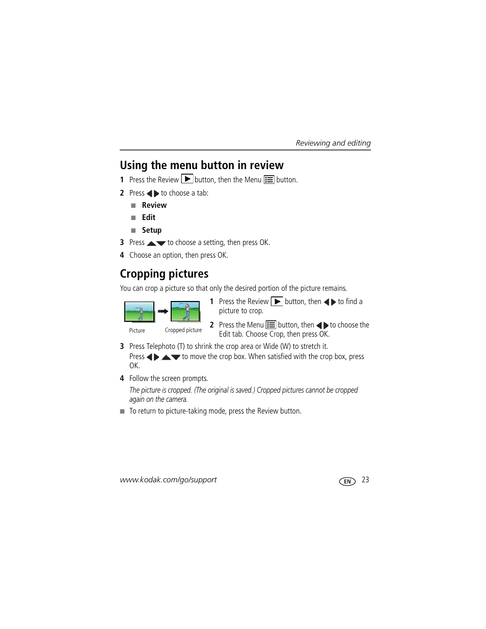 Using the menu button in review, Cropping pictures, Using the menu button in review cropping pictures | Kodak EASYSHARE C1505 User Manual | Page 29 / 60