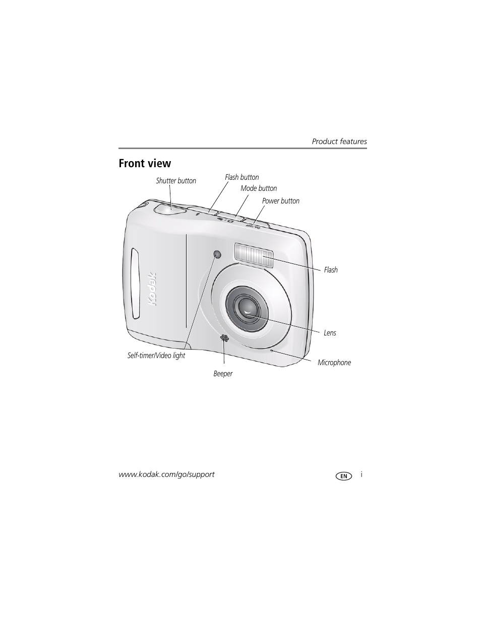 Product features, Front view | Kodak EASYSHARE C1505 User Manual | Page 3 / 60