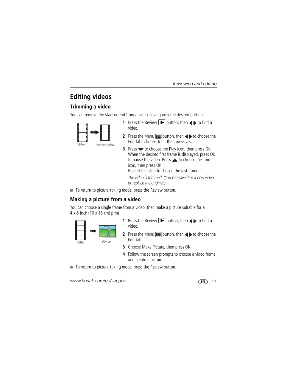 Editing videos, Trimming a video, Making a picture from a video | Kodak EASYSHARE C1505 User Manual | Page 31 / 60