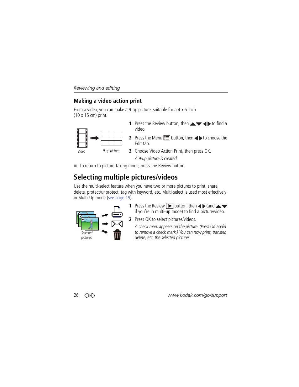 Making a video action print, Selecting multiple pictures/videos | Kodak EASYSHARE C1505 User Manual | Page 32 / 60