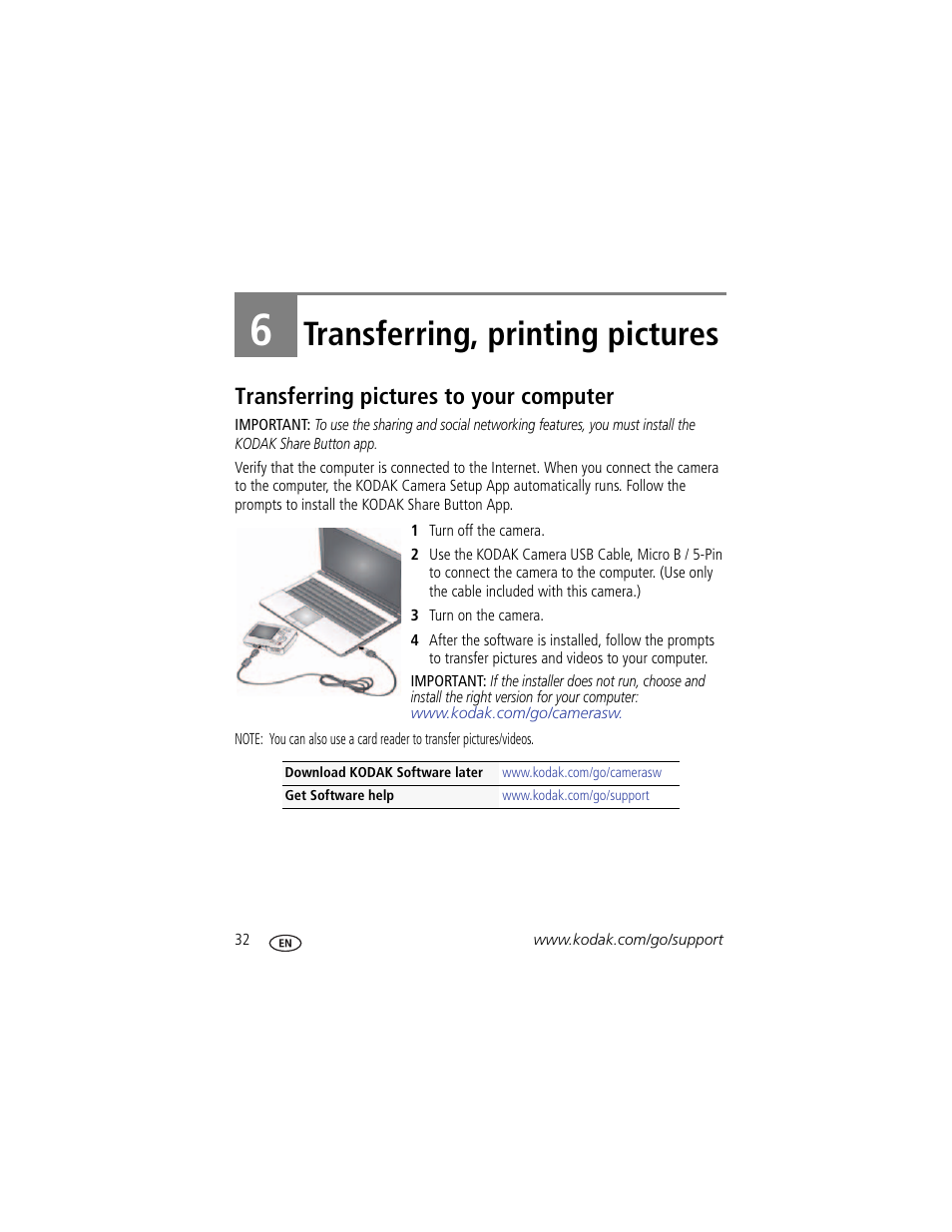 Transferring, printing pictures, Transferring pictures to your computer, 6 transferring, printing pictures | Kodak EASYSHARE C1505 User Manual | Page 38 / 60