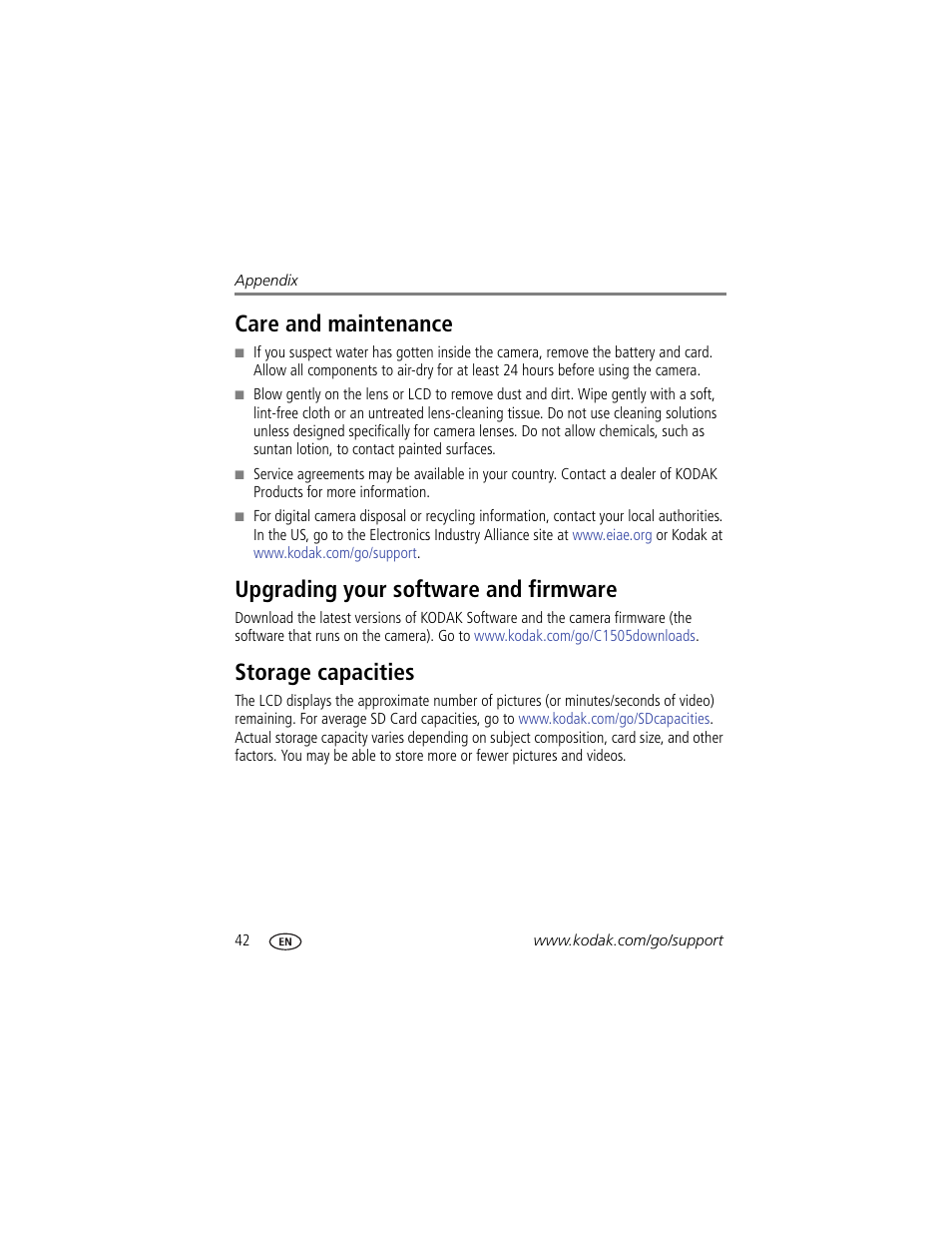 Care and maintenance, Upgrading your software and firmware, Storage capacities | The lens | Kodak EASYSHARE C1505 User Manual | Page 48 / 60