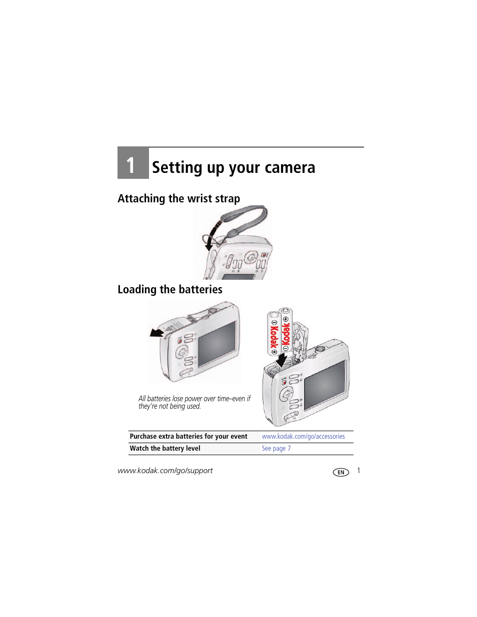 Setting up your camera, Attaching the wrist strap, Loading the batteries | 1 setting up your camera, Attaching the wrist strap loading the batteries | Kodak EASYSHARE C1505 User Manual | Page 7 / 60