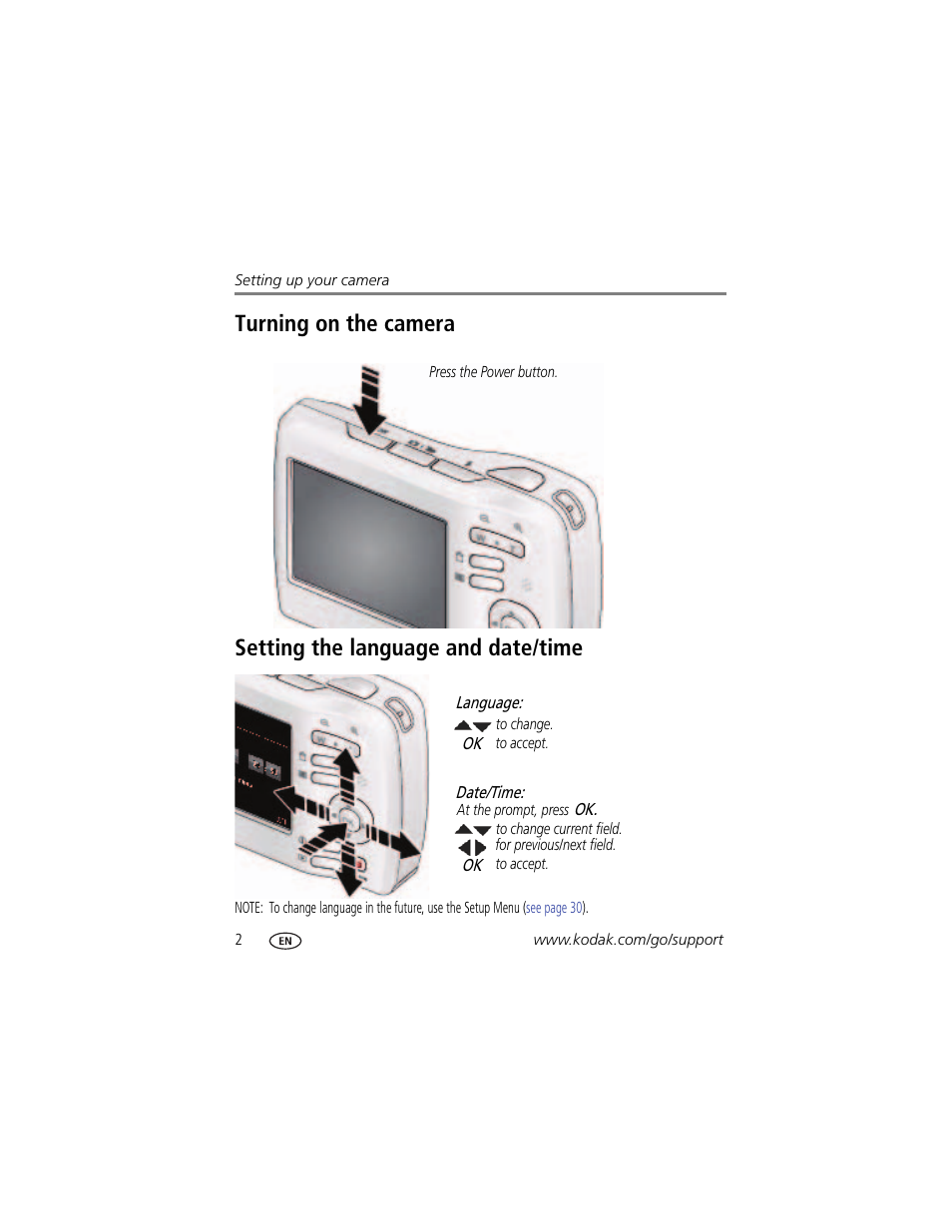 Turning on the camera, Setting the language and date/time | Kodak EASYSHARE C1505 User Manual | Page 8 / 60