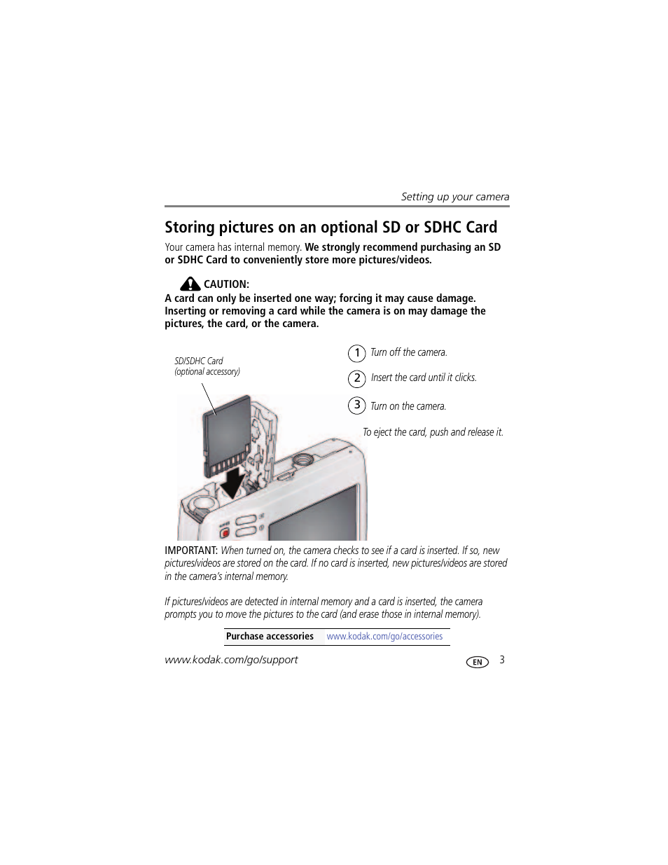 Storing pictures on an optional sd or sdhc card | Kodak EASYSHARE C1505 User Manual | Page 9 / 60