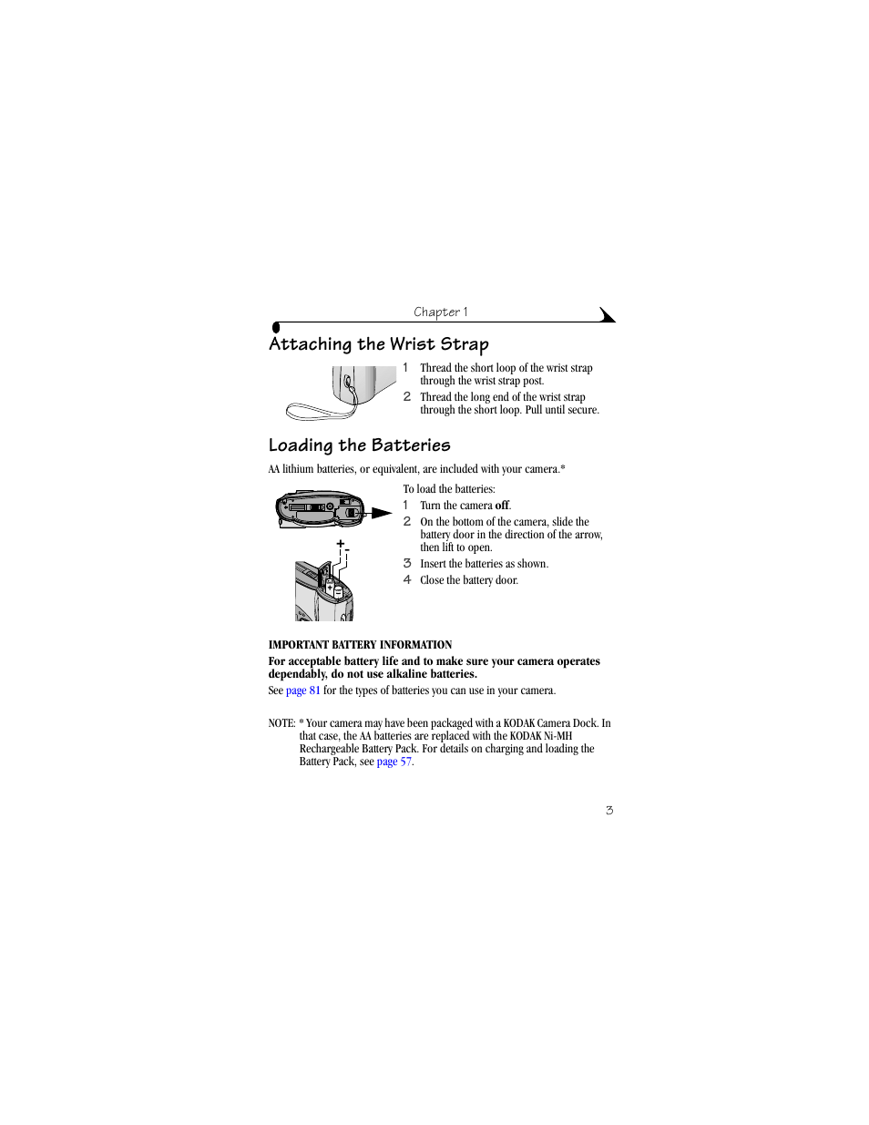 Attaching the wrist strap, Loading the batteries, Attaching the wrist strap loading the batteries | Kodak DX3600 User Manual | Page 11 / 106