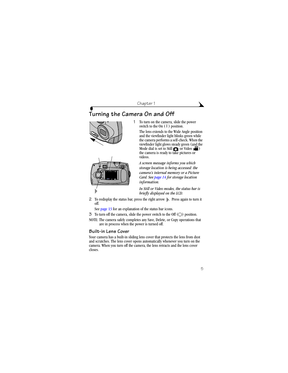 Turning the camera on and off, Built-in lens cover | Kodak DX3600 User Manual | Page 13 / 106