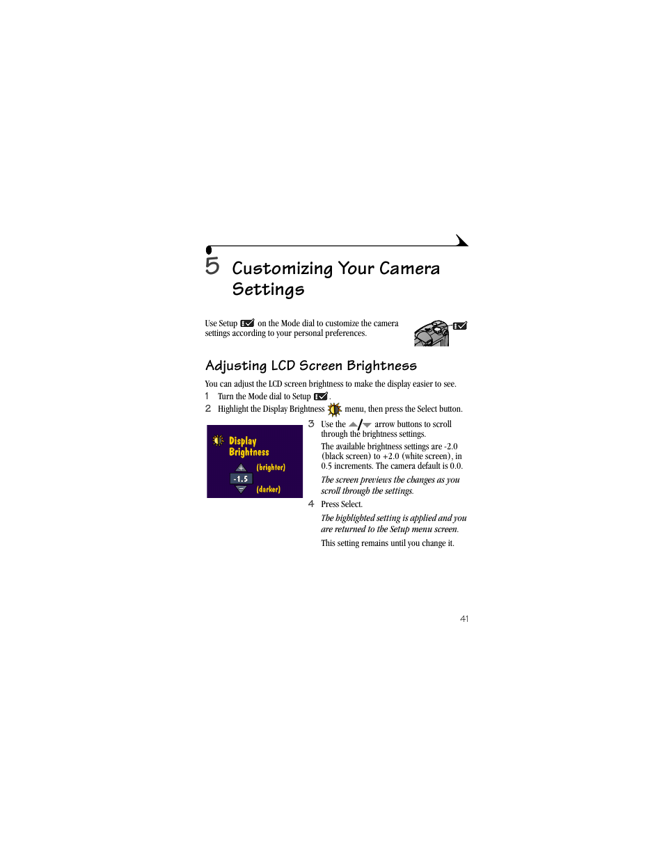 5 customizing your camera settings, Adjusting lcd screen brightness, Customizing your camera settings | Kodak DX3600 User Manual | Page 49 / 106