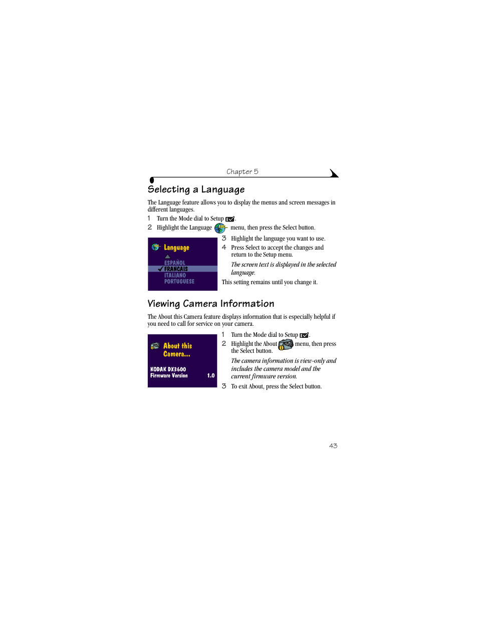 Selecting a language, Viewing camera information, Selecting a language viewing camera information | Kodak DX3600 User Manual | Page 51 / 106
