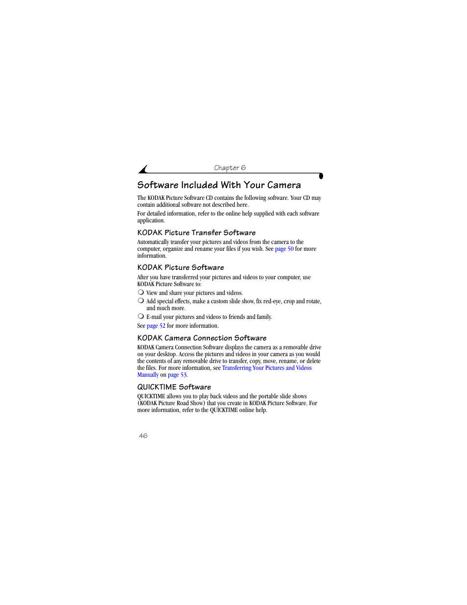 Software included with your camera, Kodak picture transfer software, Kodak picture software | Kodak camera connection software, Quicktime software | Kodak DX3600 User Manual | Page 54 / 106