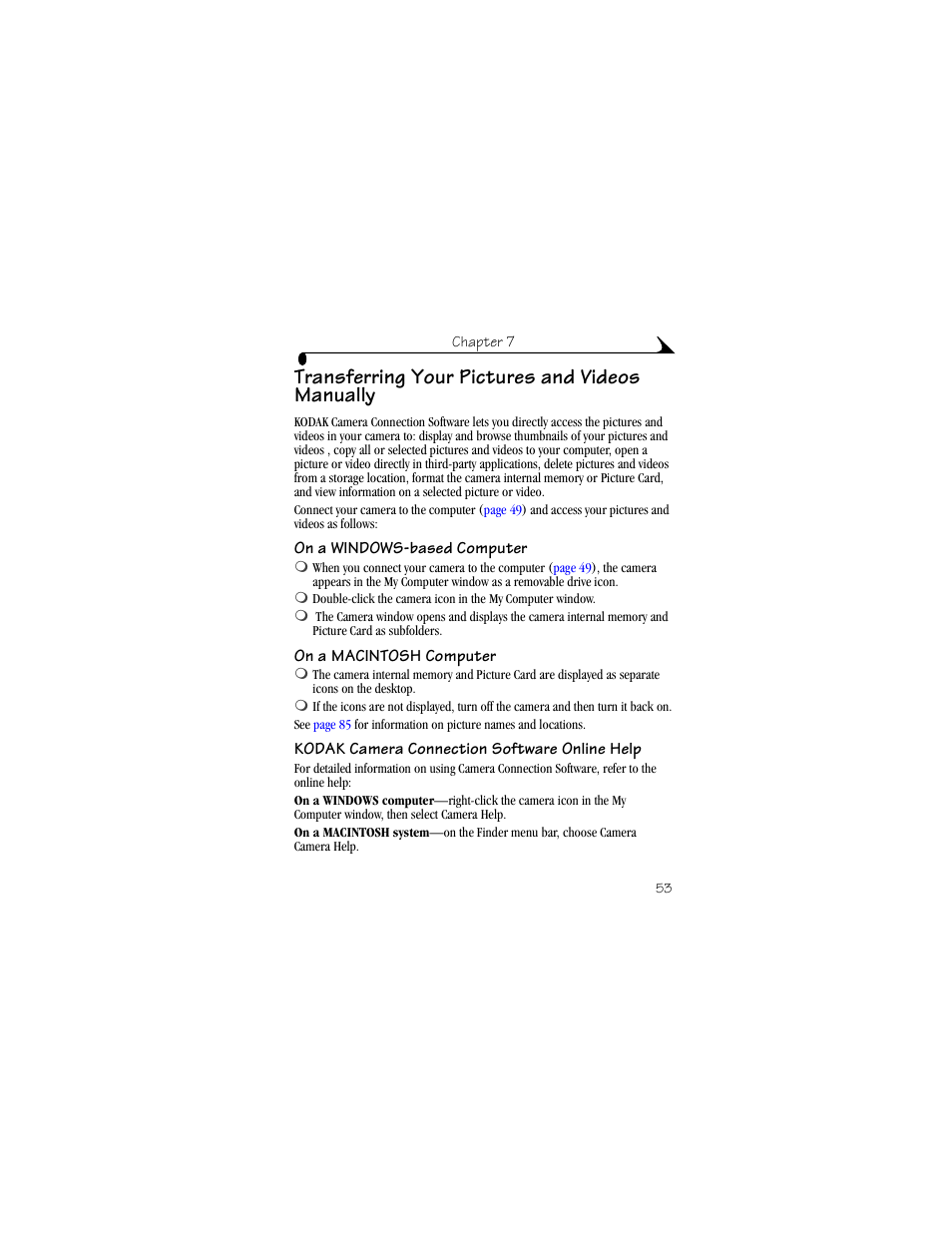 Transferring your pictures and videos manually, On a windows-based computer, On a macintosh computer | Kodak camera connection software online help, Transferring your pictures and videos, Manually | Kodak DX3600 User Manual | Page 61 / 106