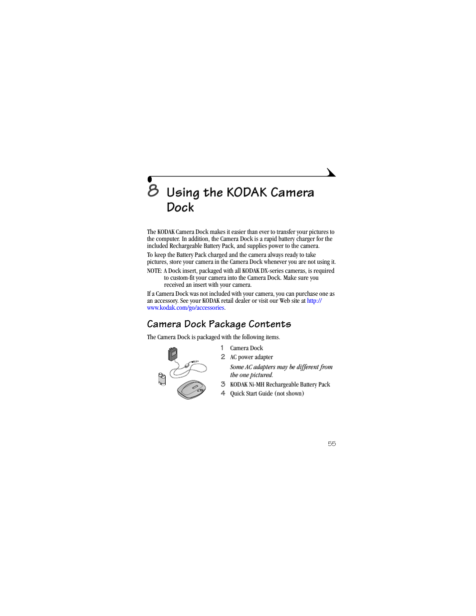 8 using the kodak camera dock, Camera dock package contents, N, see | Chapter 8, using the, Kodak camera dock, Using the kodak camera dock | Kodak DX3600 User Manual | Page 63 / 106