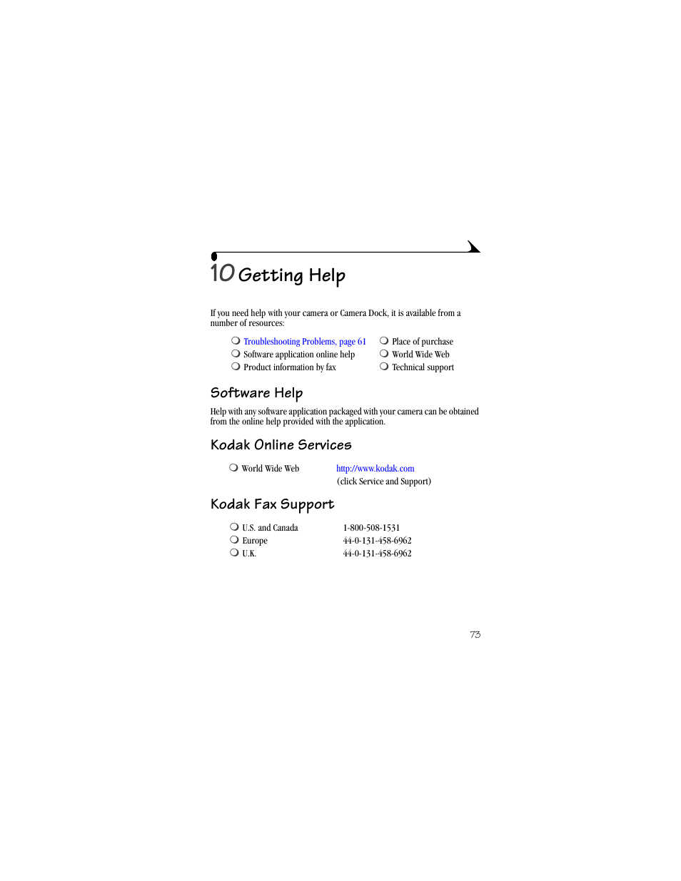 10 getting help, Software help, Kodak | Kodak fax support, Getting help, Kodak online services kodak fax support | Kodak DX3600 User Manual | Page 81 / 106