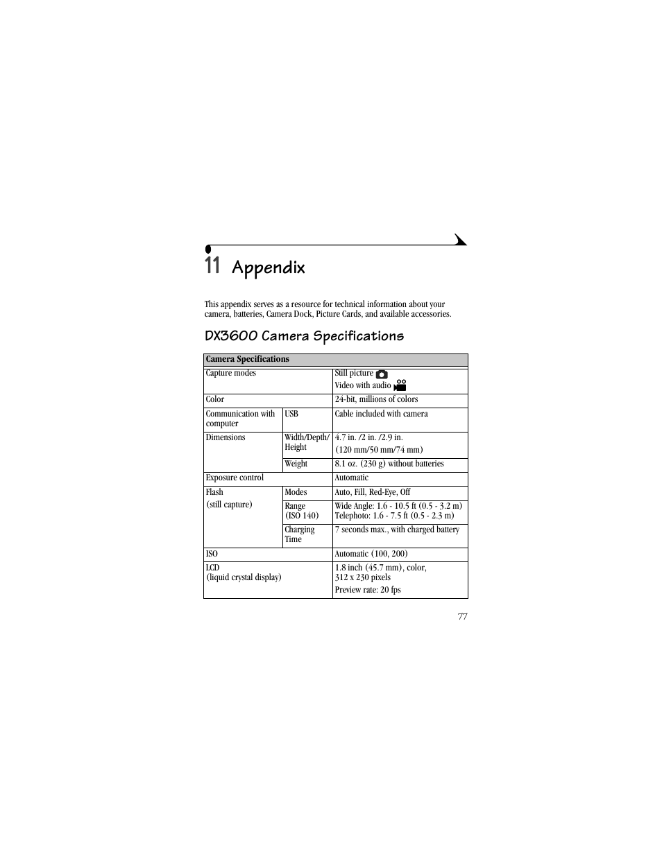 11 appendix, Dx3600 camera specifications, Appendix | Kodak DX3600 User Manual | Page 85 / 106