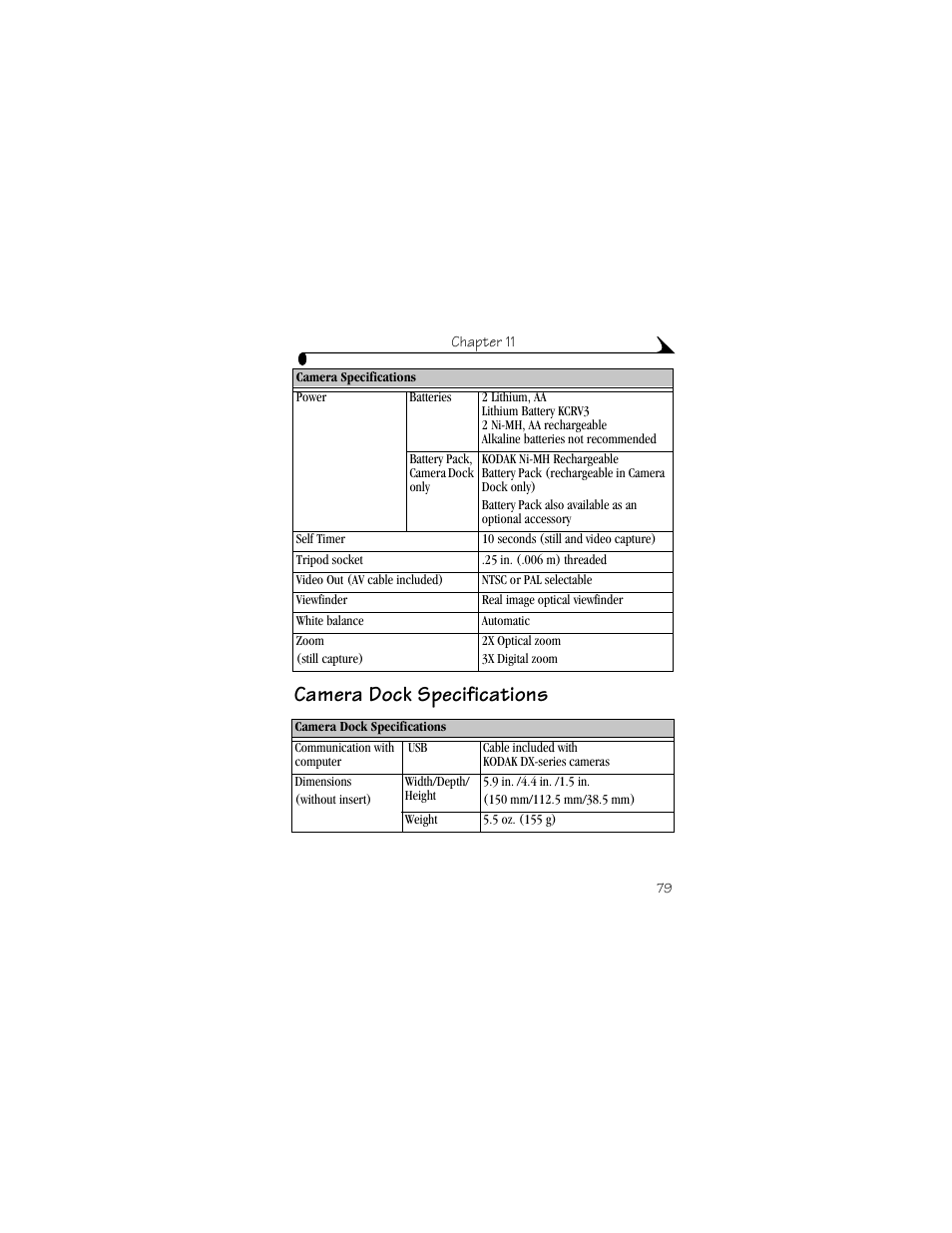 Camera dock specifications | Kodak DX3600 User Manual | Page 87 / 106