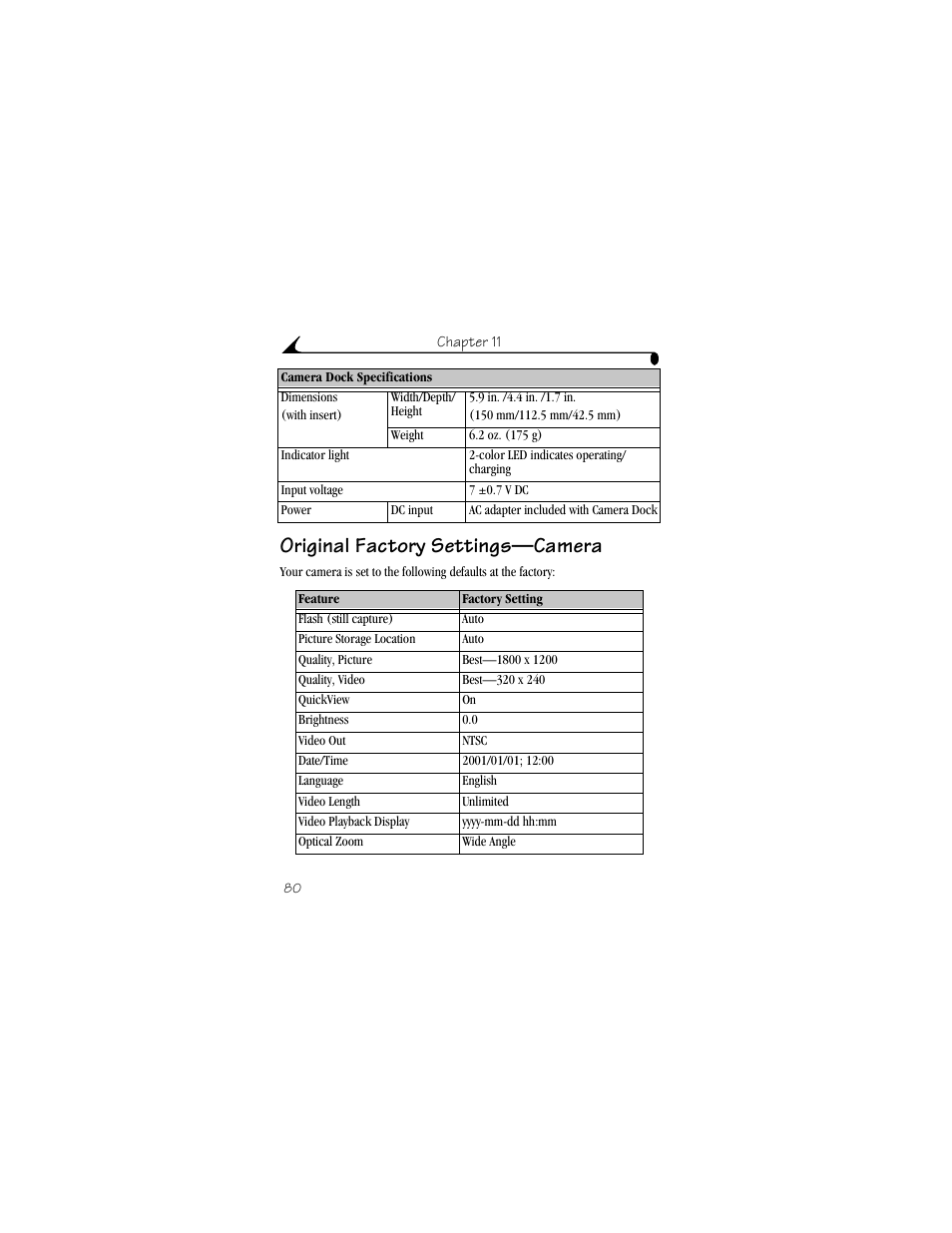 Original factory settings—camera | Kodak DX3600 User Manual | Page 88 / 106