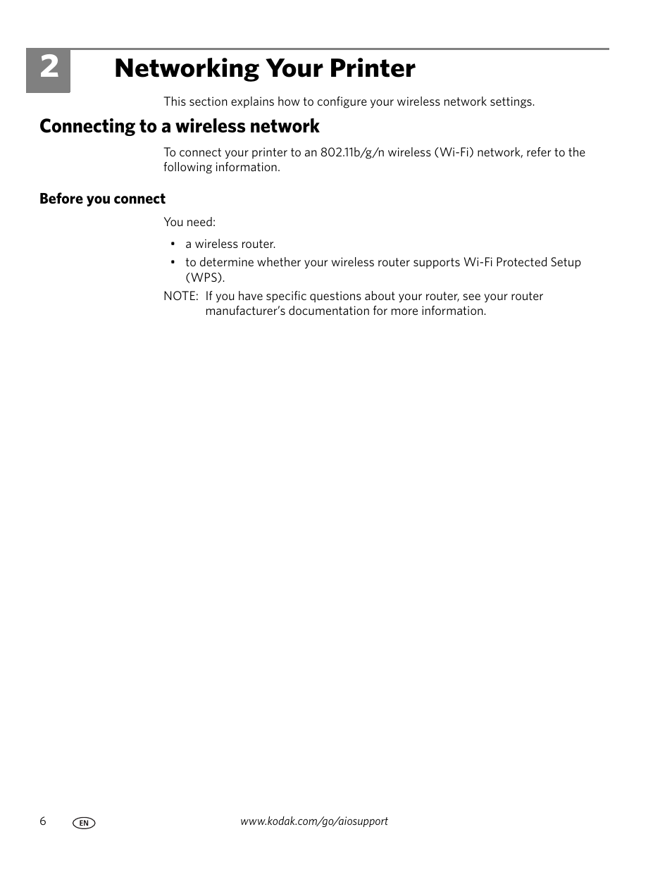 Networking your printer, Connecting to a wireless network, Before you connect | 2 networking your printer | Kodak HERO 3.1 User Manual | Page 12 / 100