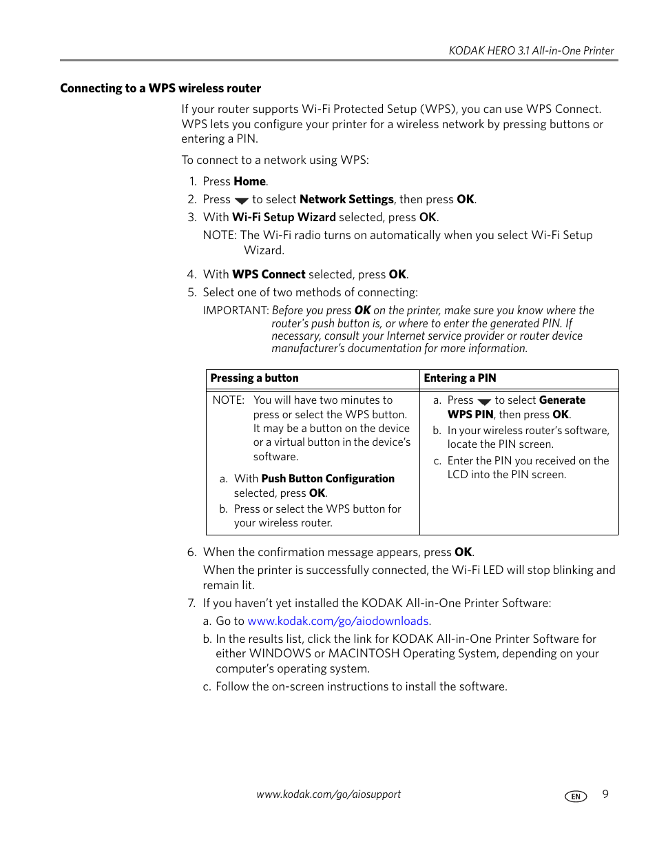 Connecting to a wps wireless router | Kodak HERO 3.1 User Manual | Page 15 / 100