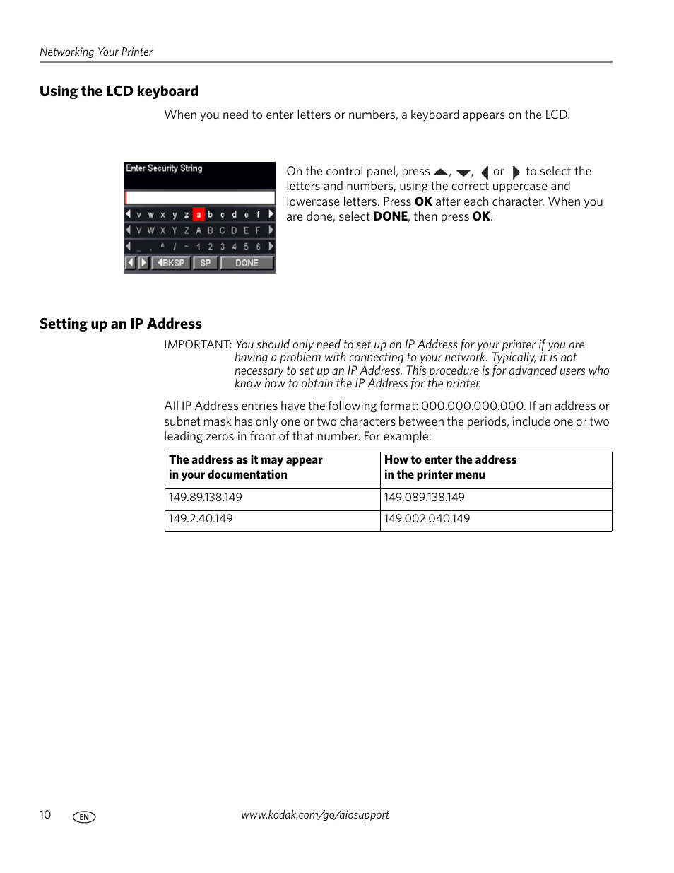 Using the lcd keyboard, Setting up an ip address, Using the lcd keyboard setting up an ip address | Using the lcd | Kodak HERO 3.1 User Manual | Page 16 / 100