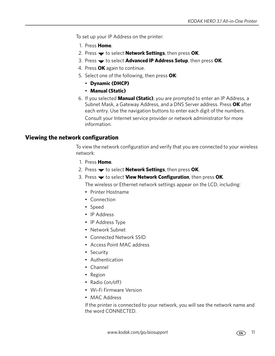 Viewing the network configuration | Kodak HERO 3.1 User Manual | Page 17 / 100