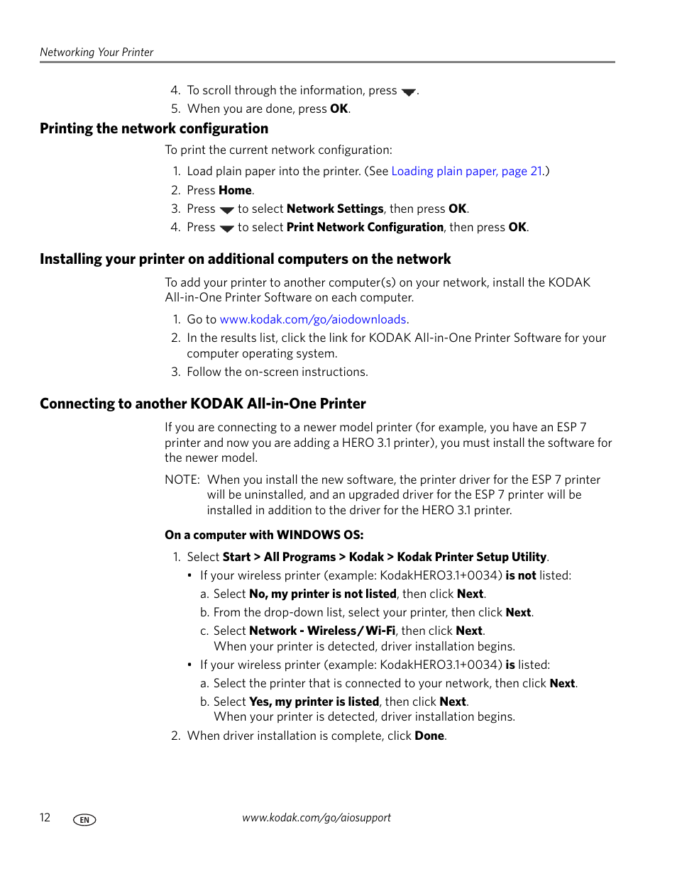 Printing the network configuration, Connecting to another kodak all-in-one printer | Kodak HERO 3.1 User Manual | Page 18 / 100